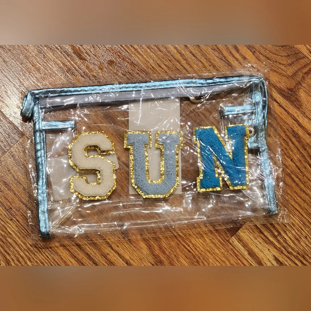 NEW SUN Varsity Letter Cosmetic Makeup Bag Felt Letters on Clear PVC